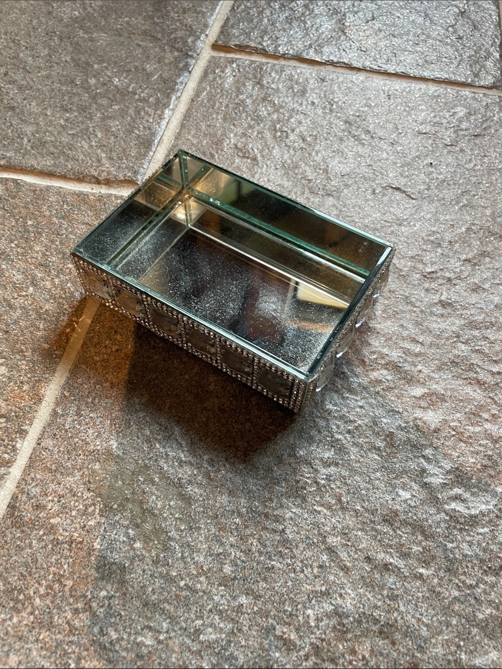 Mirrored Rectangular Jewelry Trinket Box with Rhinestone Sides
